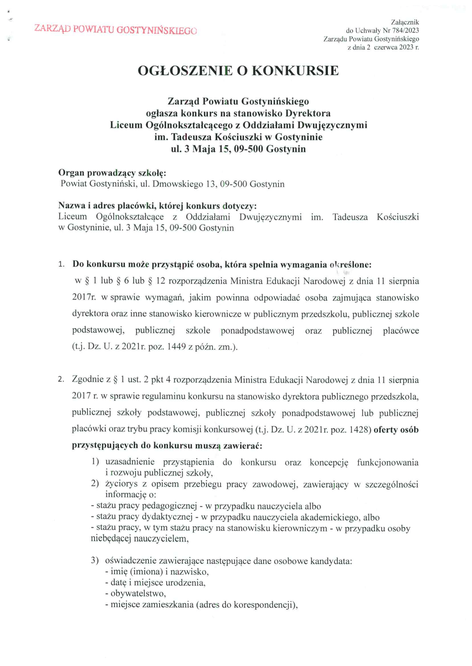 konkurs na stanowisko dyrektora liceum ogolnoksztalcacego z oddzialami dwujezycznymi w gostyninie1
